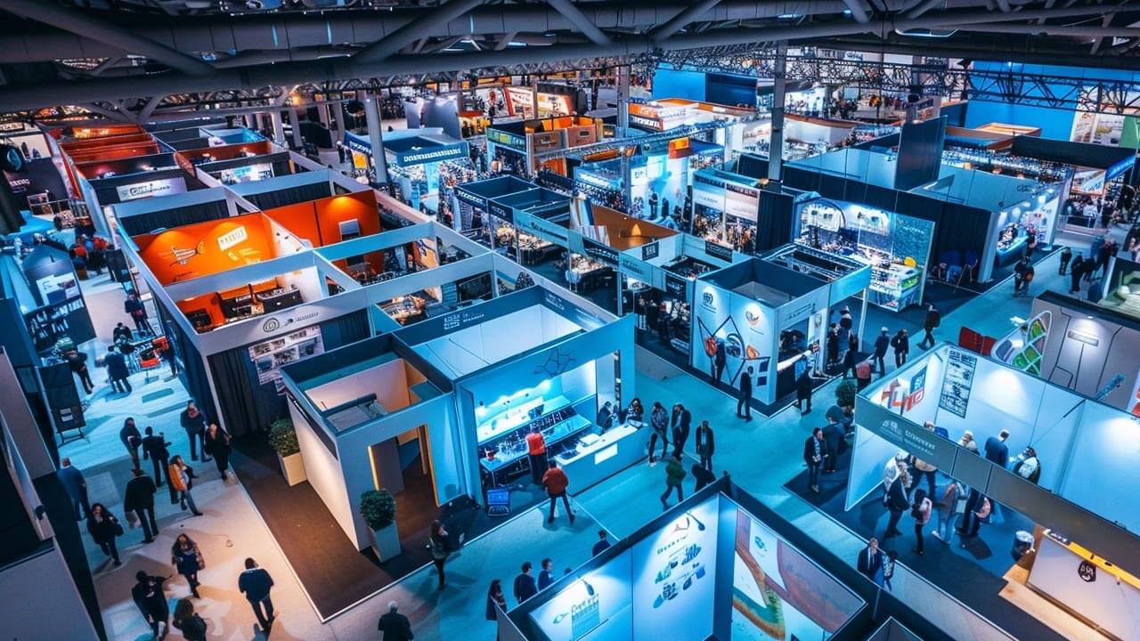 Branded exhibition stalls on the floor of a trade show